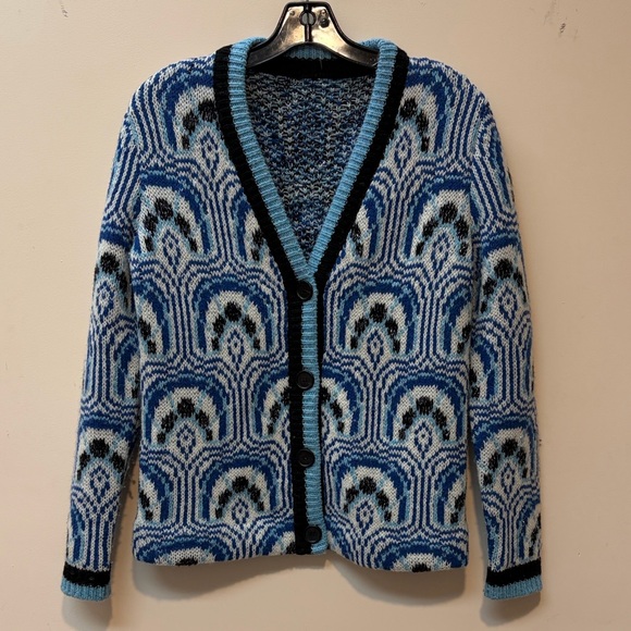 Miu Miu Sweaters - Miu Miu Blue and Black Geometric Knit Cardigan